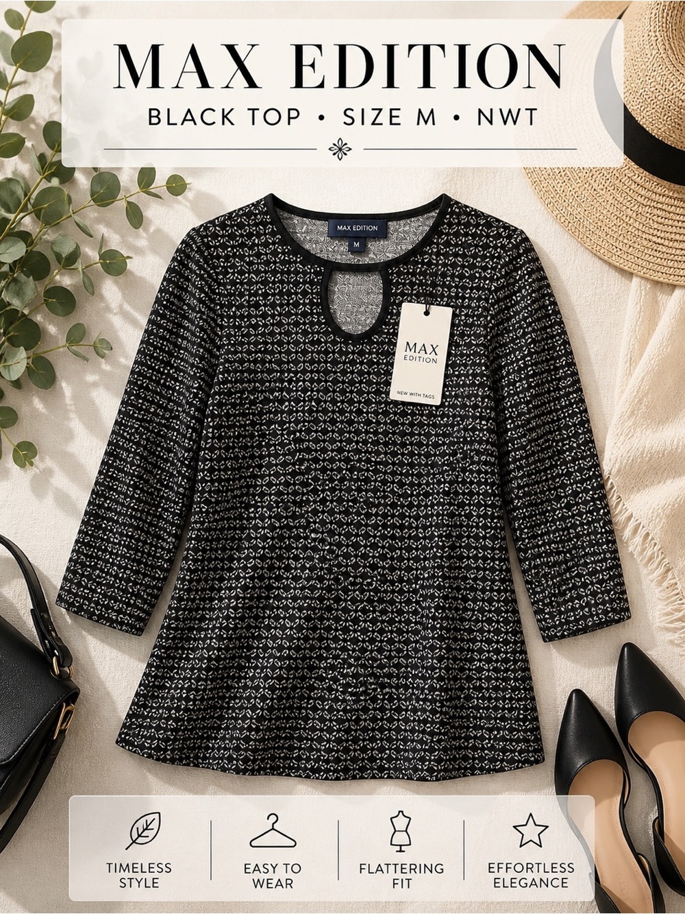 Max Edition Black Keyhole Print Top Size M NWT
